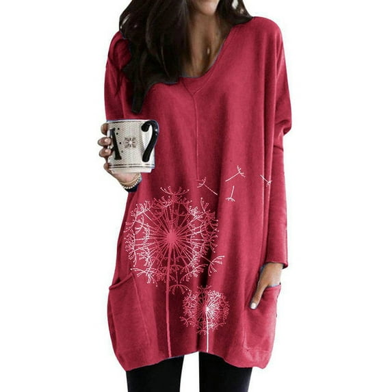 Enwejyy Women Spring And Autumn Long Sleeve Pocket Print Casual Long Length Top