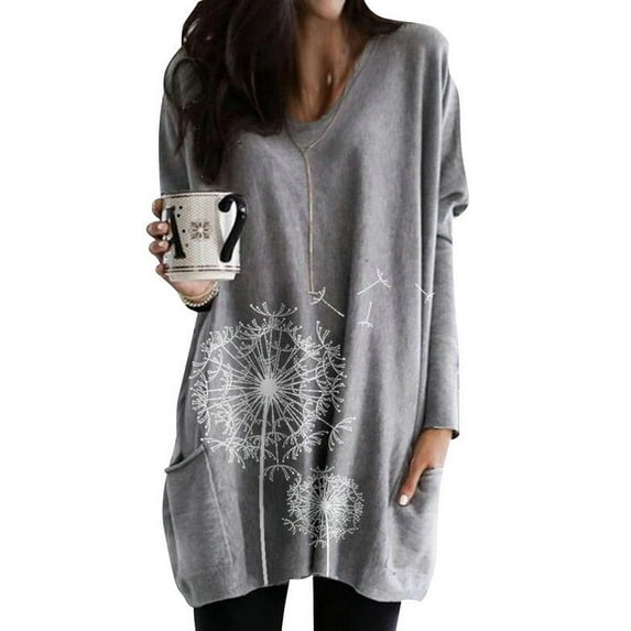 Enwejyy Women Spring And Autumn Long Sleeve Pocket Print Casual Long Length Top