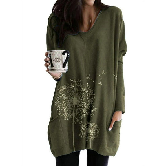 Enwejyy Women Spring And Autumn Long Sleeve Pocket Print Casual Long Length Top