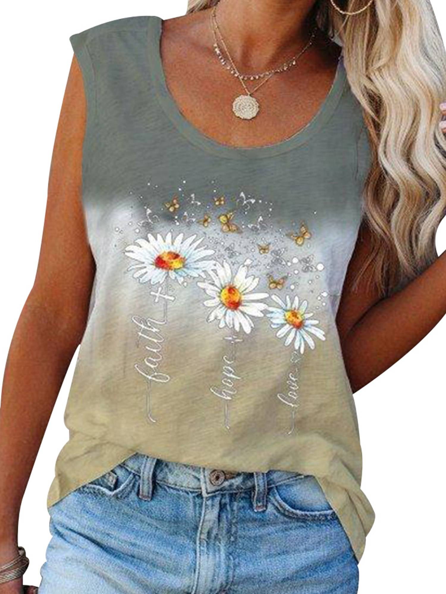 Enwejyy Women Summer Floral Print Round Neck Sleeveless Casual Tank Top ...