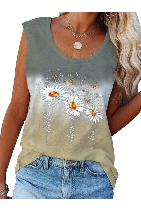 Women Summer Floral Print Round Neck Sleeveless Casual Tank Top