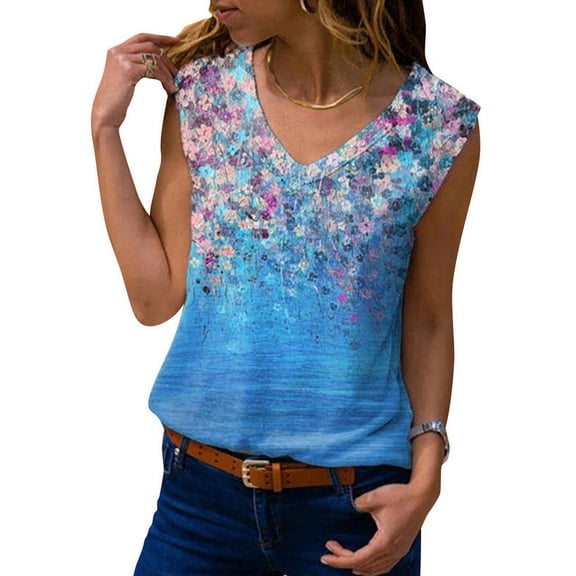 Enwejyy Women Summer Floral Print V-Neck Sleeveless Casual Tank Top,Blue Size XXL