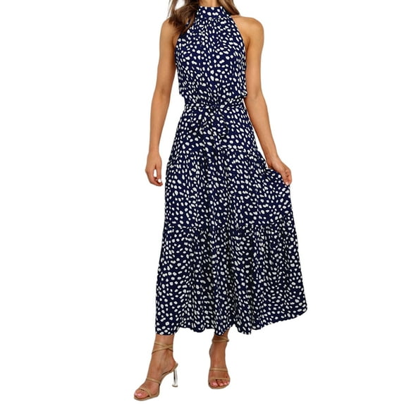 Enwejyy Women Summer Holiday Casual Polka Dots Print Sleeveless Halter Neck Peplum Fit & Flare Dresess