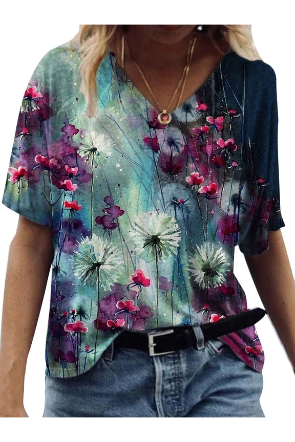Women Sundress Casual Floral Print V-Neck Short Sleeve Loose Blouse T-Shirt Top