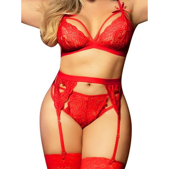 Enwejyy Women Valentine's Day Gift 3Pcs Outfits Lace Garter Belt Thongs Lingerie Sets Plus Size (Not Include Stockings)