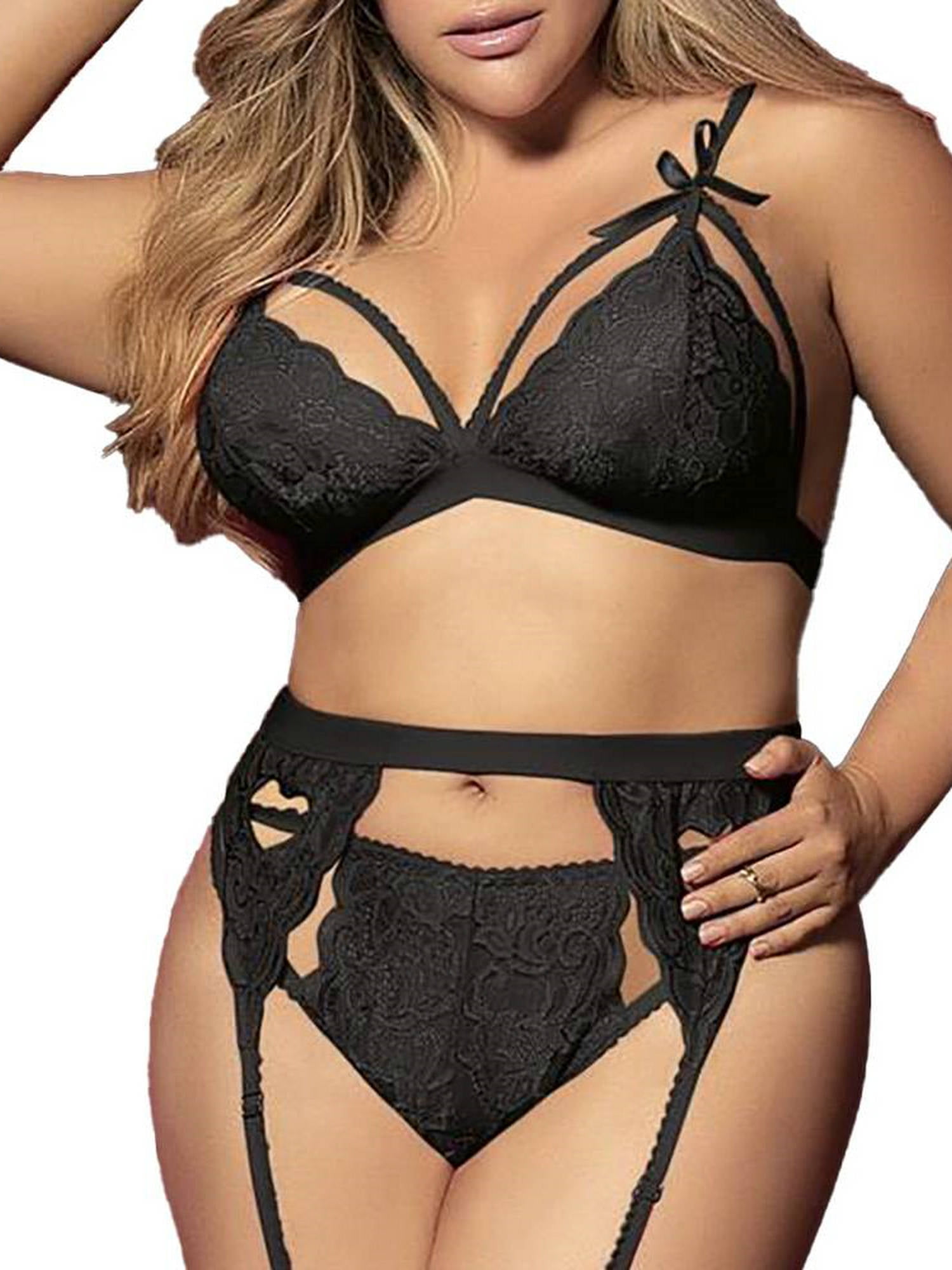 Enwejyy Women Valentine's Day Gift 3Pcs Outfits Lace Garter Belt Thongs  Lingerie Sets Plus Size (Not Include Stockings)