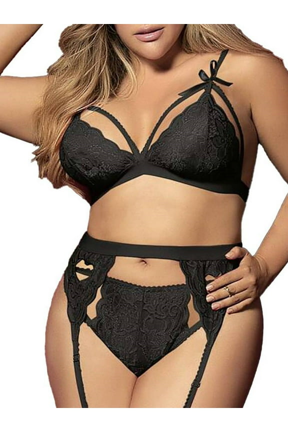 Women Valentine's Day Gift 3Pcs Outfits Lace Garter Belt Thongs Lingerie Sets Plus Size (Not Include Stockings)