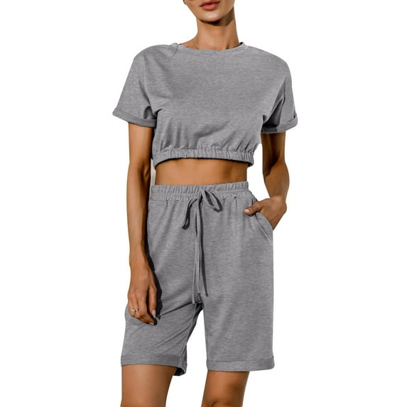 Enwejyy Women's 2 Piece Outfits Sest Summer Solid Color Cropped Tops Casual Shorts