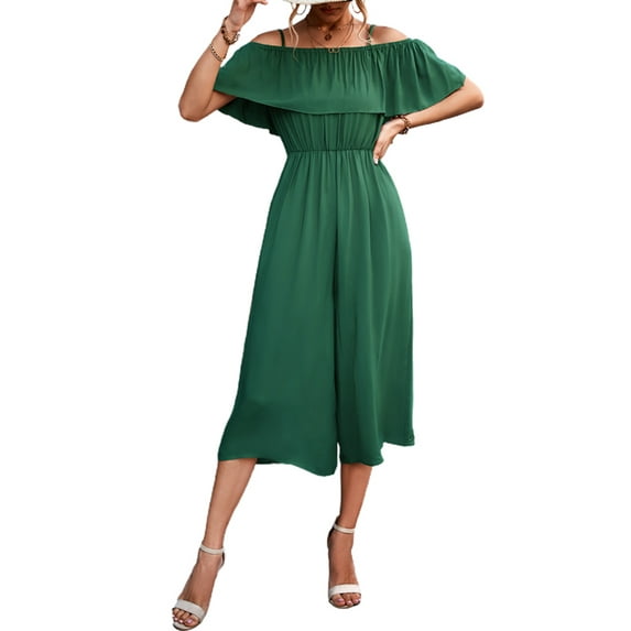 Enwejyy Women's Bib Pant Casual Sexy Off-The-Shoulder Short Sleeve Solid Color Suspender Jumpsuit