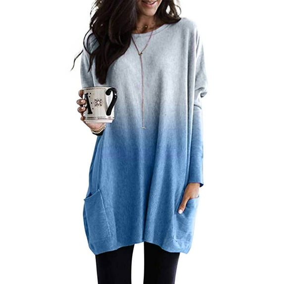 Enwejyy Women‘s Blouse Top Solid Color Long Sleeve Solid Color Round Neck Loose Casual Midi Length T-Shirt