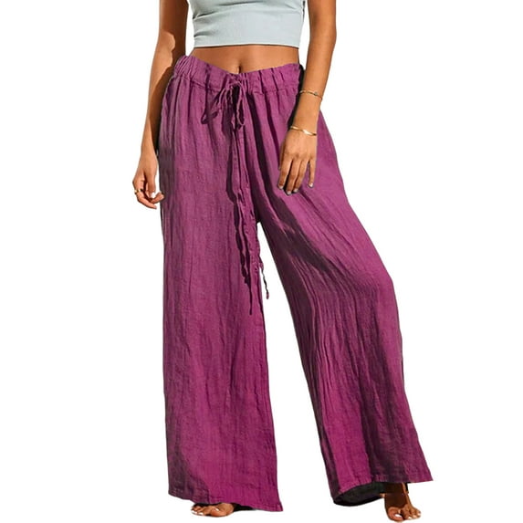 Enwejyy Women's Casual Solid Color High Waist Draw String Straight Fit Cotton Linen Pants