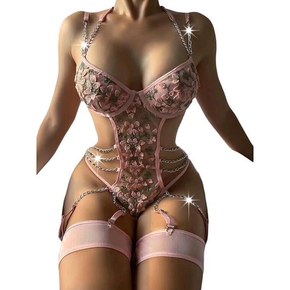 Enwejyy Women's Christmas Temptation Sexy Sheer Floral One Piece Bodysuit with Garter Belt Lingeries