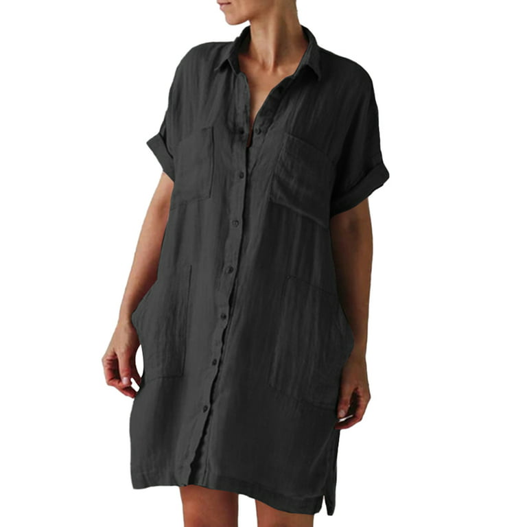Plus Size Women Print Turndown Collar Short Sleeve Shirt Dress