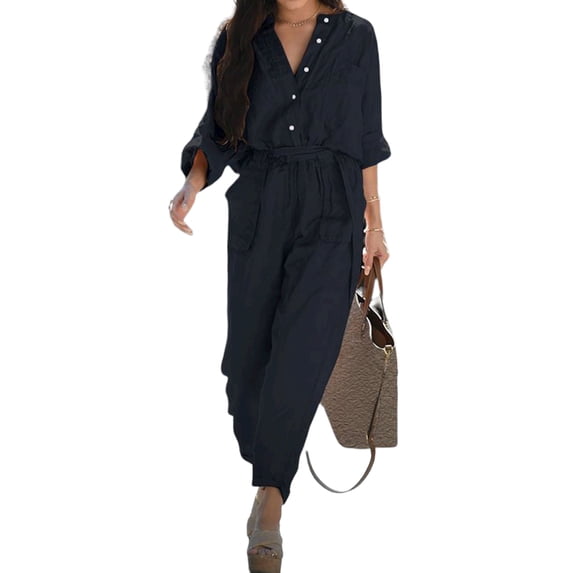 Enwejyy Women's Cotton Linen Pocket Elastic Waist Long-Sleeved Belt One-Piece Cropped Jumpsuit Plus Size M-5XL