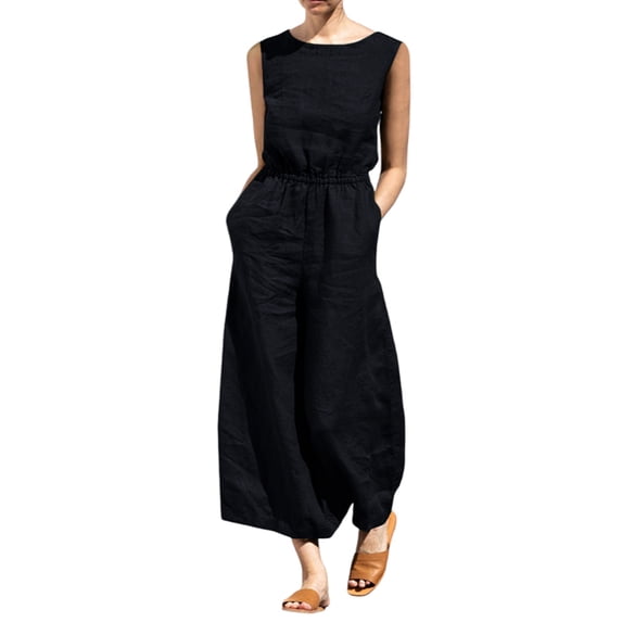 Enwejyy Women's Cotton Linen Solid Color Pockets Button Elastic Waist Sleeveless One-Piece Jumpsuits