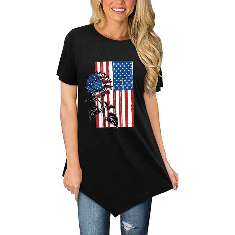 Enwejyy Women's Cotton US American Flag Pint Short Sleeve Casual