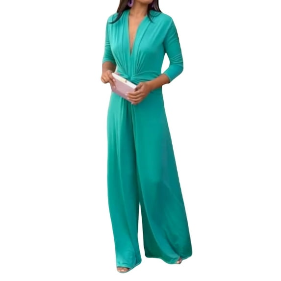 Enwejyy Women's Fashion Elegant Pocket V-Neck 3/4 Sleeve Solid One-Piece Jumpsuit