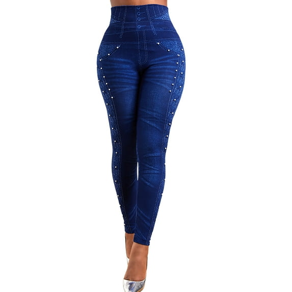 Enwejyy Women's Faux Denim Mid Waist Elastic Waist Skinny Jegging Leggings