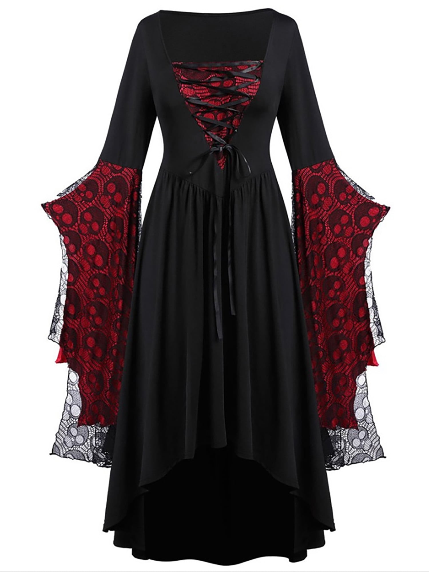 Enwejyy Women's Halloween Gothic Skull Lace Contrast Color Stitching  Irregular Dress Plus Size