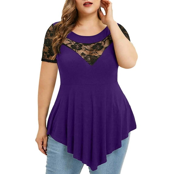 Enwejyy Women's Patchwork Lace Short Sleeve Asymmetrical Plus Size T-Shirt Blouse Tops