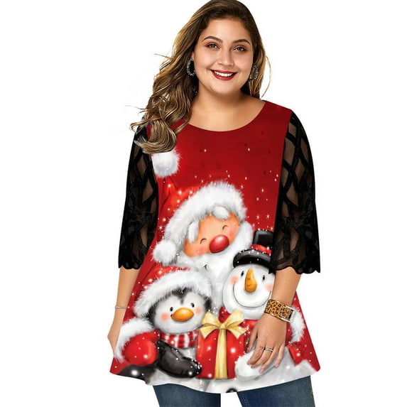 Enwejyy Women's Plus Size Christmas Xmas 3/4 Sleeves Round Neck Blouse Top