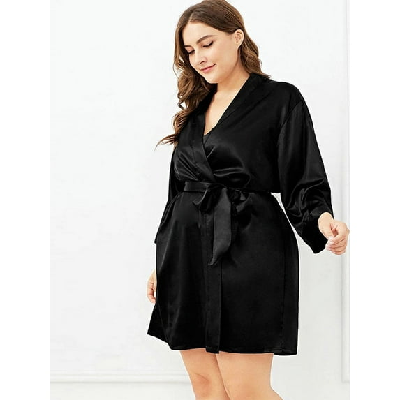 Enwejyy Women's Plus Size Imitation Silk Bow Tie Bandgown Lounge Pajamas Nightgown Robe Sleepwear