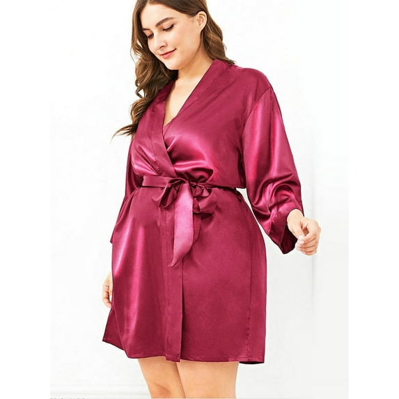 Enwejyy Women's Plus Size Imitation Silk Bow Tie Bandgown Lounge Pajamas Nightgown Robe Sleepwear