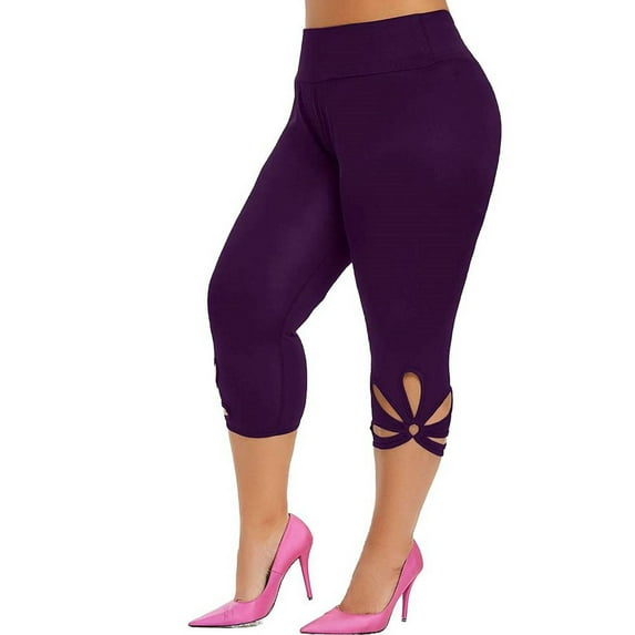 Enwejyy Women's Plus Size Stretch Hollow Out Solid High Waist Running Sport Skinny Capri Leggings