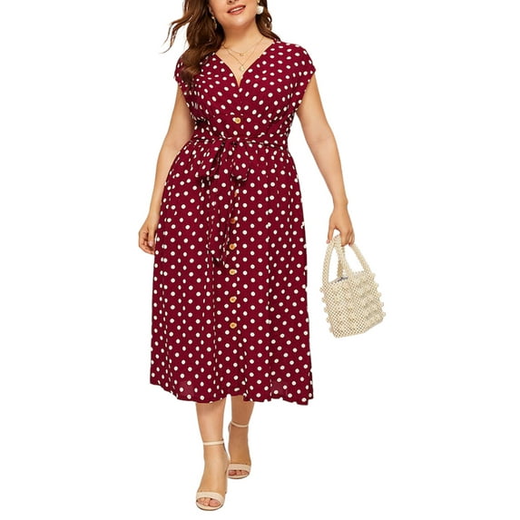 Enwejyy Women's Plus Size Summer Breathable Polka Dot Short Sleeve Belt A-Line Dresses