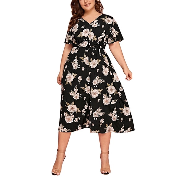 Enwejyy Women's Plus Size Vocation Bohemian Floral Print Short Sleeve Round Neck Plus Dresses