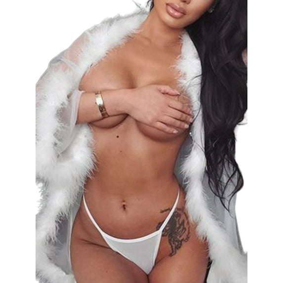 Enwejyy Women's Sleepwear 3/4 Sleeve Dresses Sexy Sheer Feathers Lace Chemise Lingerie