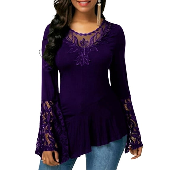 Enwejyy Women's Solid Flared Sleeve Lace Pullover T-Shirt Blouses Tops