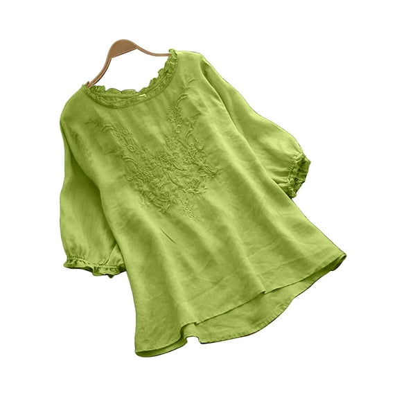 Enwejyy Women's Summer Thin Cotton Linen Half Sleeve Spliced Baisc Blouses Plus Size M-4XL