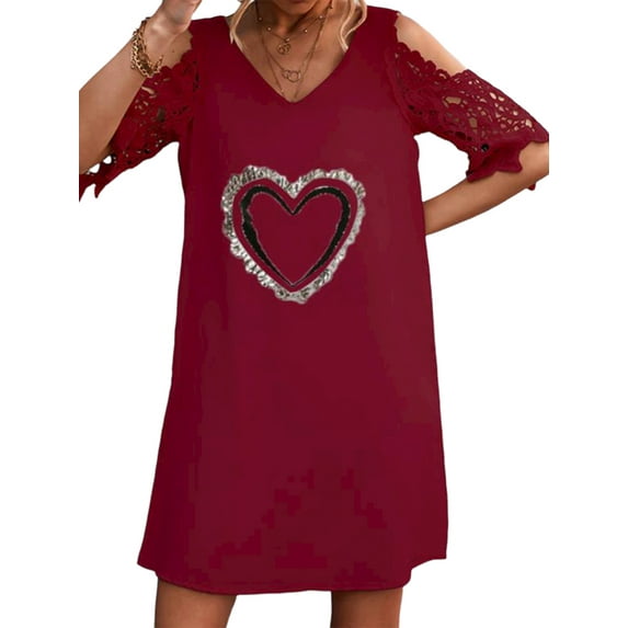 Enwejyy Women's Sundress Casual Heart Print Short Sleeve Cold Shoulder Lace Tank Dress