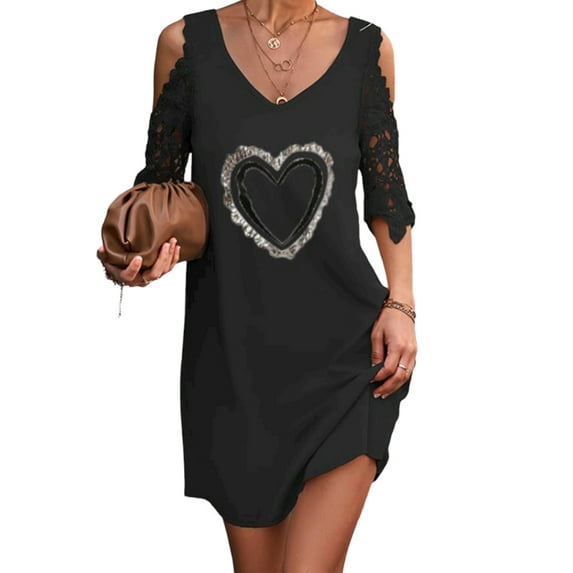 Enwejyy Women's Sundress Casual Heart Print Short Sleeve Cold Shoulder Lace Tank Dress