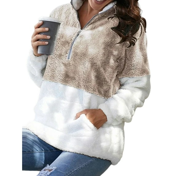 Enwejyy Women's Winter Flannel Plush Thickened Contrast Stitching Zipper Stand Collar Anorak Jacket Coat Outerwear