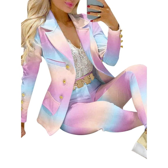 Enwejyy Women's Workwear 2Pcs Sets Fromal Business Floral Print Gradient Turn-down Collar Coat Blazers Ouftits