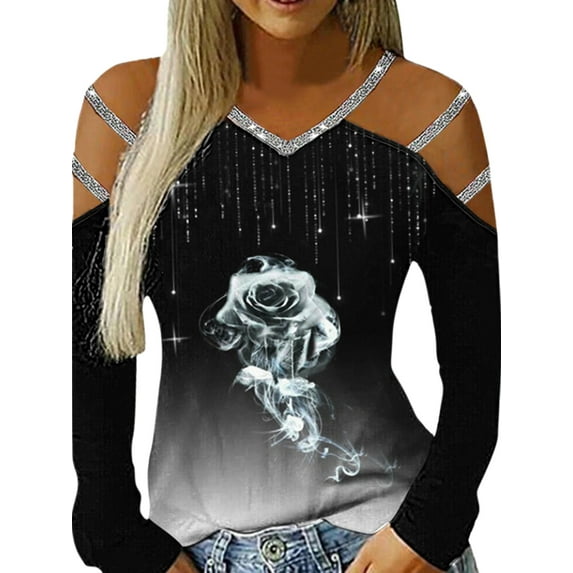 Enwejyy Womens Basic Tops Cold Shoulder Long Sleeve Flroal Gradient Gothinc Style Blouse Tunic Tops