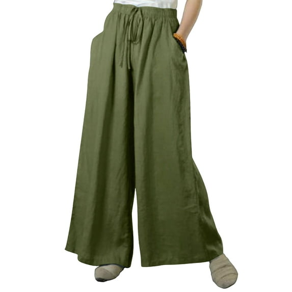 Enwejyy Womens Cotton Linen Plus Size M-5XL Draw String Elastic Waist Pockets Solid Loose Casual Pants