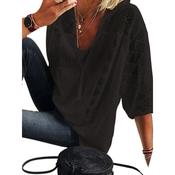 Enwejyy Womens Cotton Linen Summer Solid Color V-Neck Hlaf Sleeve Lace Stitching Basic Blouse Tops Plus Size S-5XL