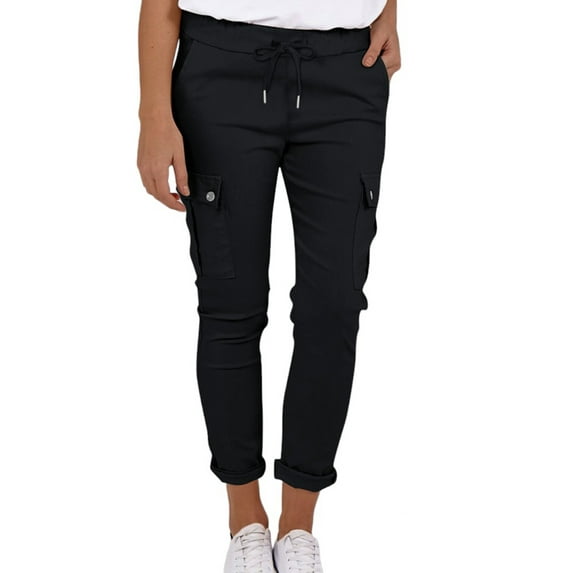 Enwejyy Womens Fashion Workwear Solid Pockets Elastic Waist Full Length Cargo Pant