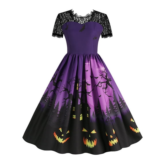 Enwejyy Womens Halloween Gothic Lace Short Sleeve Cartoon Printed Vintage Fit & Flare Dress