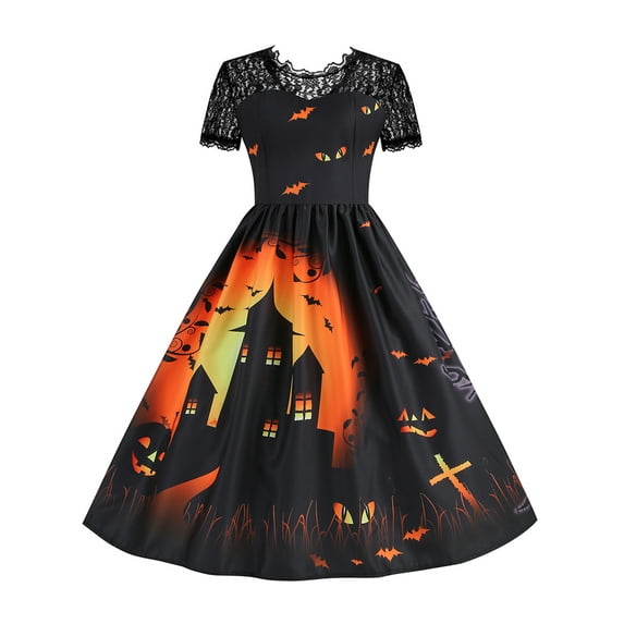 Enwejyy Womens Halloween Gothic Lace Short Sleeve Printed Vintage Fit & Flare Dress