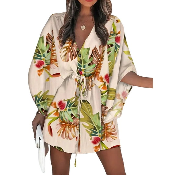 Enwejyy Womens Holiday Beach Dolman Half Sleeve V-Neck Floral Print Adjustable Dresses