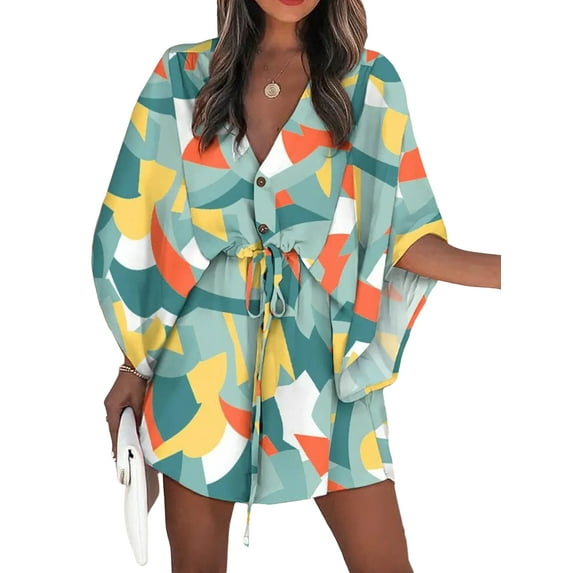 Enwejyy Womens Holiday Beach Dolman Half Sleeve V-Neck Floral Print Adjustable Dresses