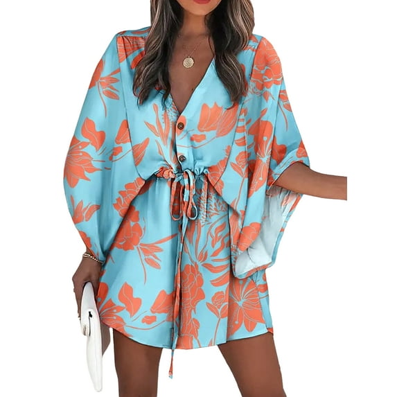 Enwejyy Womens Holiday Beach Dolman Half Sleeve V-Neck Floral Print Adjustable Dresses