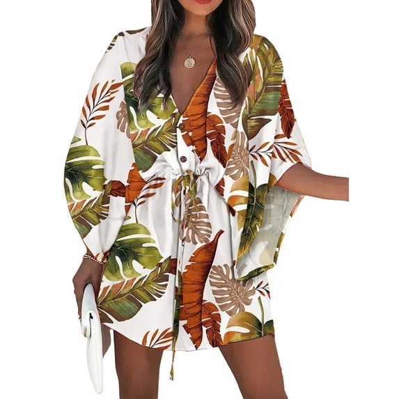 Enwejyy Womens Holiday Beach Dolman Half Sleeve V-Neck Floral Print Adjustable Dresses