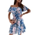 thumbnail image 1 of Enwejyy Womens Holiday Beach Summer Sexy Off-The-Shoulder Short Sleeve Floral Print A-Line Dress, 1 of 3