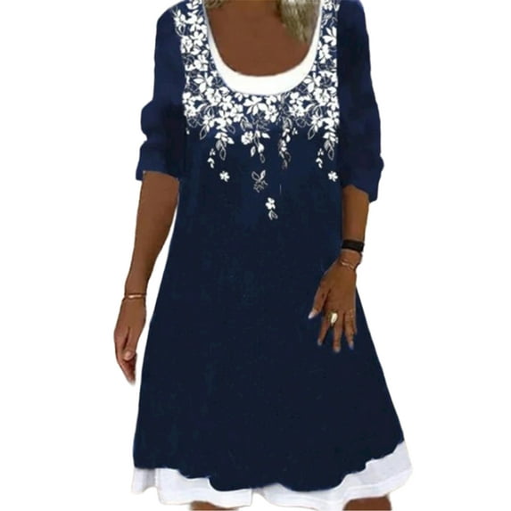 Enwejyy Womens Holiday Bohemian Street Style Floral Print Long Sleeve Loose Knee Length Casual Dresses
