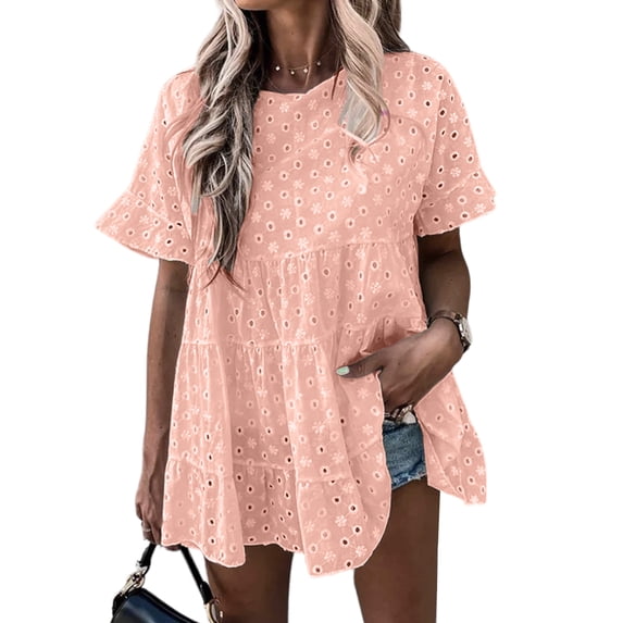 Enwejyy Womens Hollow Out Embroidered Solid Short Sleeve Round Neck Lined Basic T-Shirt